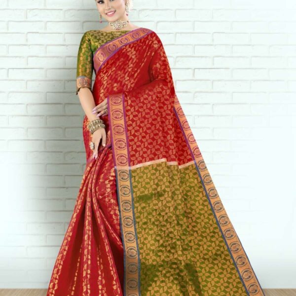 AKALYA (COPPER SILK SAREE) - RED X FOREST GREEN - [Red]