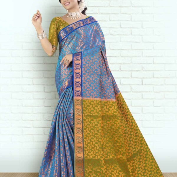 AKALYA (COPPER SILK SAREE) - ROYAL BLUE X OLIVE GREEN - [Royal Blue]