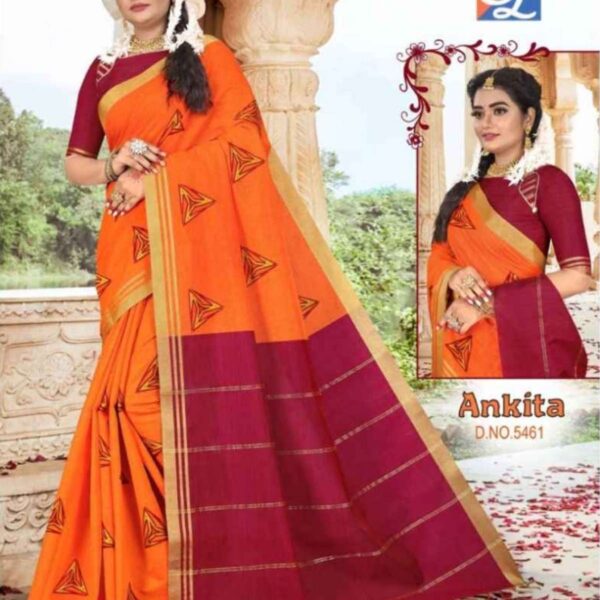 ANKITA (SILK COTTON) #5461 - FERRARI ORANGE X BERRY RED - [Orange]
