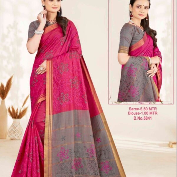 ARCHANA - SILK COTTON SAREE WITH EMBROIDERY WORK - 5841 - PINK X GRAY - [Pink]