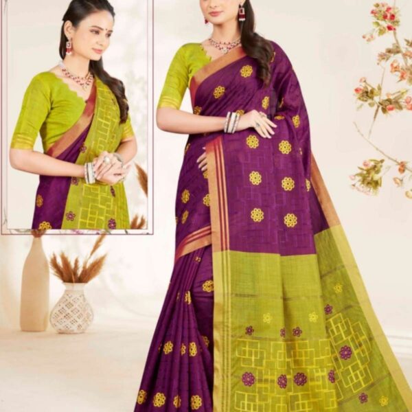 ARCHANA - SILK COTTON SAREE WITH EMBROIDERY WORK - 5845 - WINE X LIME - [Wine]