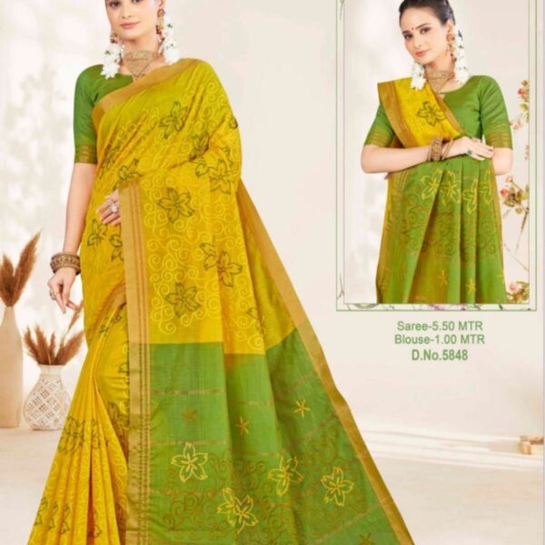 ARCHANA - SILK COTTON SAREE WITH EMBROIDERY WORK - 5848 - YELLOW X GREEN - [Yellow]