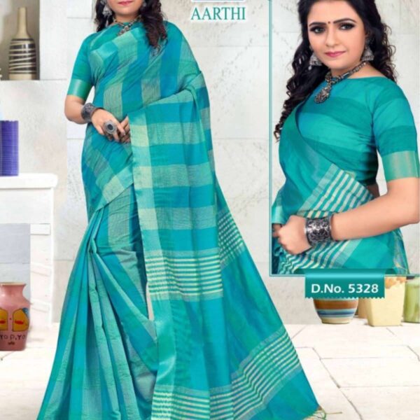 Aarthi- Kotta Cotton Checked Saree #5328 Turquoise Blue - [Turquoise Blue]
