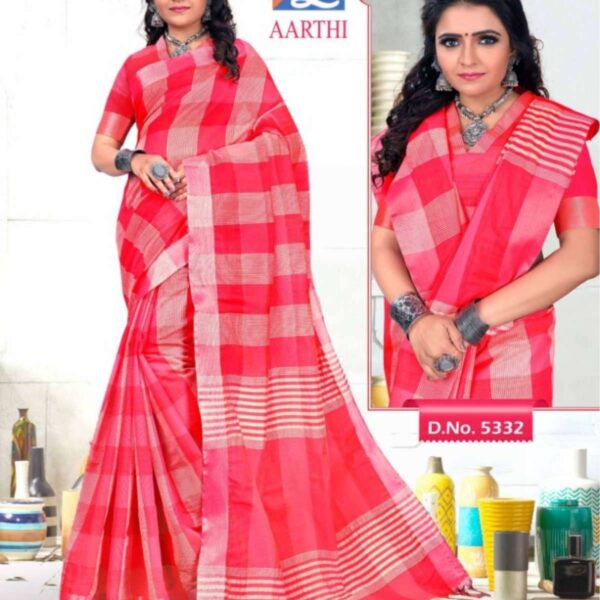 Aarthi- Kotta Cotton Checked Saree #5332 Crimson Red - [Crimson Red]