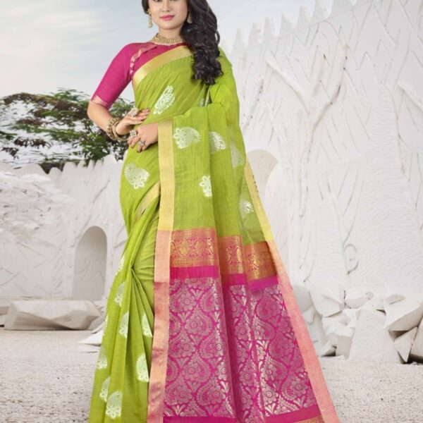 Chettinad Cotton Jacquard Saree -TEJASHVI #5547 Pistachio Green X Hot Pink - [Pistachio Green]