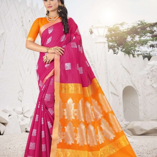 Chettinad Cotton Jacquard Saree -TEJASHVI #5550 Hot Pink X Fire Gold - [RANI PINK]