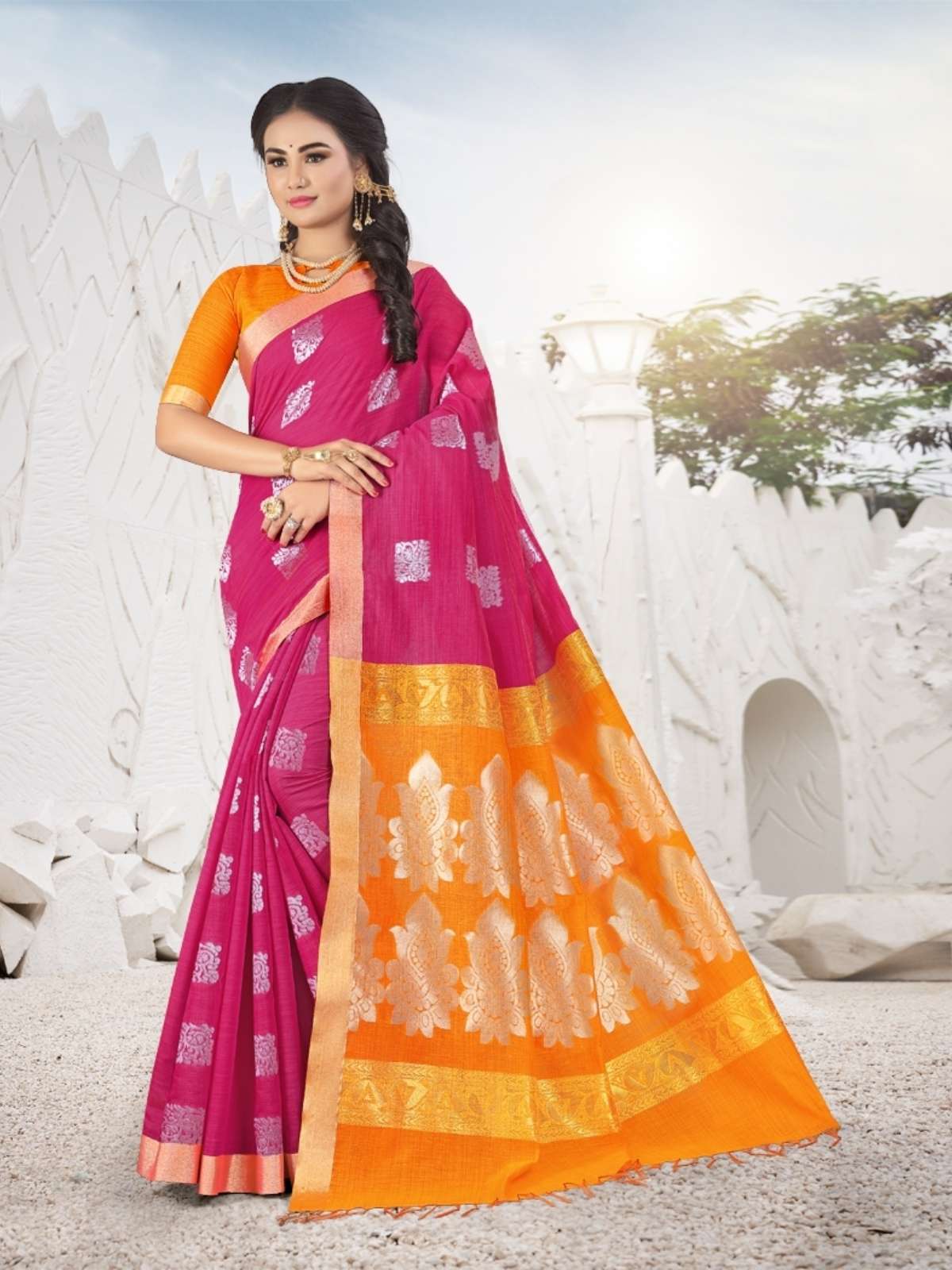 Chettinad Cotton Jacquard Saree -TEJASHVI #5550 Hot Pink X Fire Gold