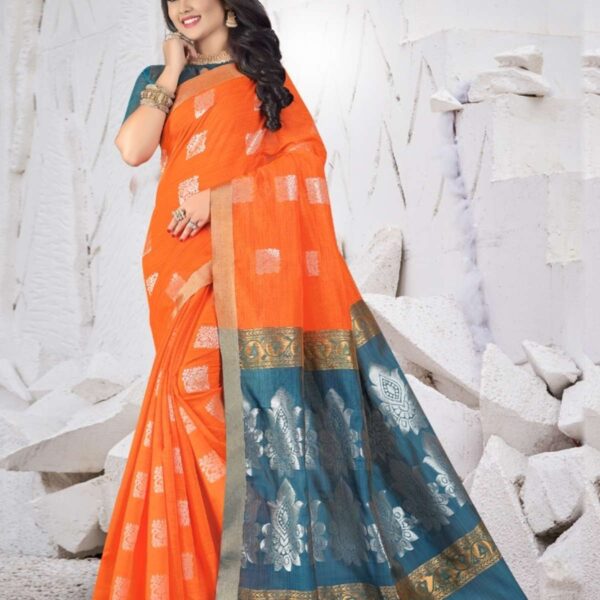 Chettinad Cotton Jacquard Saree -TEJASHVI #5557 Orange X T.Blue - [Orange]