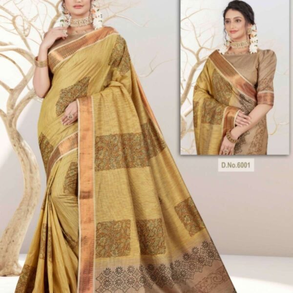 KHADI SILK COTTON SAREE - HAND BLOCK PRINTED - 6001 - [Brown]