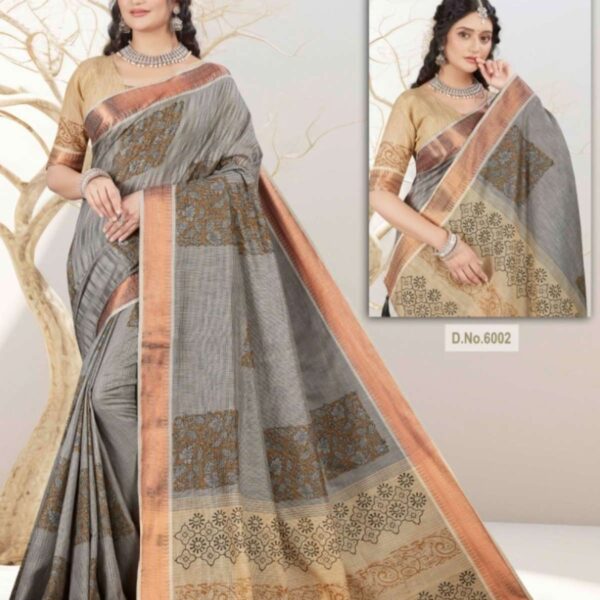KHADI SILK COTTON SAREE - HAND BLOCK PRINTED - 6002 - [Gray]