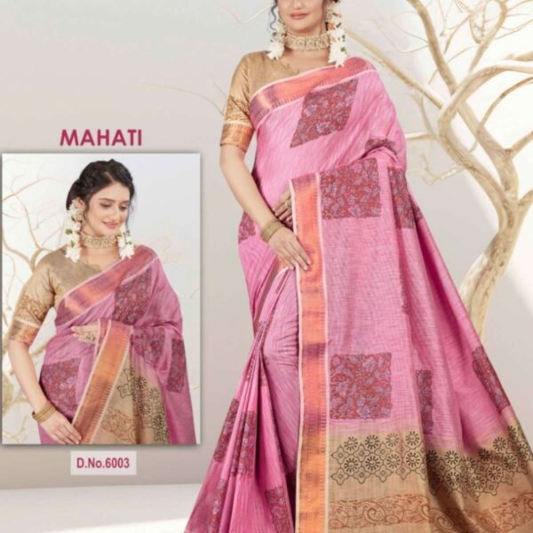 KHADI SILK COTTON SAREE - HAND BLOCK PRINTED - 6003 - [Pink]