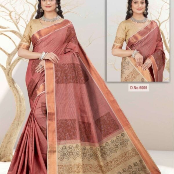 KHADI SILK COTTON SAREE - HAND BLOCK PRINTED - 6005 - [Maroon]