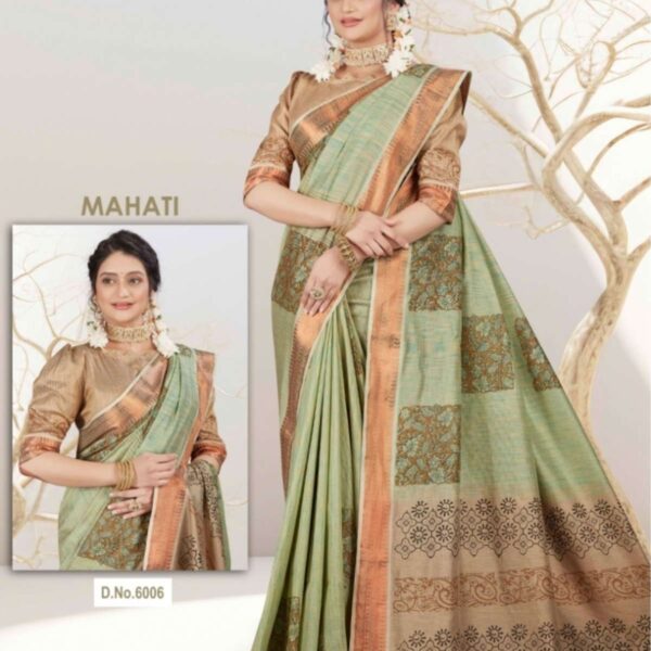 KHADI SILK COTTON SAREE - HAND BLOCK PRINTED - 6006 - [Green]