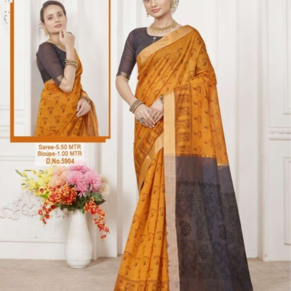 NETHRA ( SILK COTTON ) PRINTED SAREE #5904 - MUSTRAD YELLOW X GRAY - [Yellow]