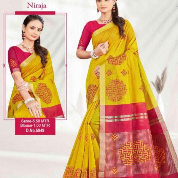 NIRAJA SILK COTTON SAREE WITH EMBROIDERY WORK - 5849 - YELLOW X PINK - [Yellow]