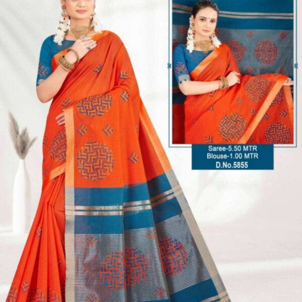 NIRAJA SILK COTTON SAREE WITH EMBROIDERY WORK - 5855 - ORANGE X BLUE - [Orange]