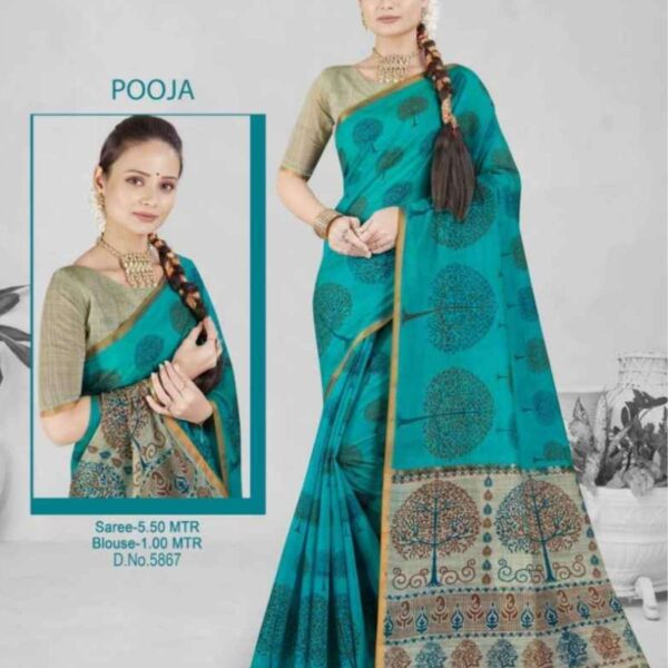 POOJA (SILK COTTON) #5867 - TEAL BLUE X OLIVE GRAY - [Blue]