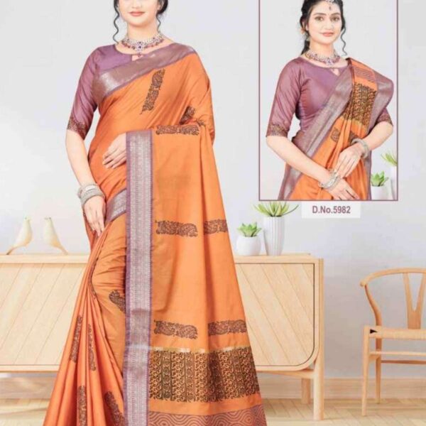 REET ( SOFT COTTON ) HAND BLOCK PRINTED SAREE #5982 - PASTEL ORANGE X DUSTY LAVENDER - [Orange]