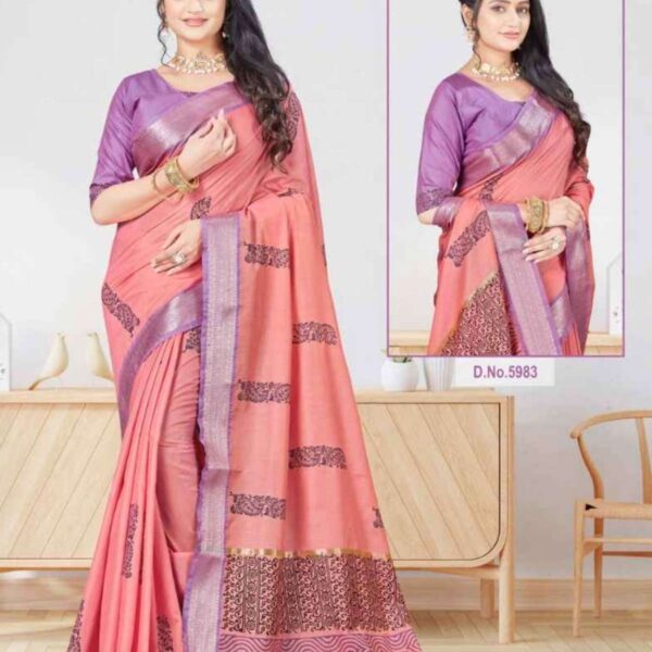 REET ( SOFT COTTON ) HAND BLOCK PRINTED SAREE #5983 - RUDDY PINK X PALE PURPLE - [Pink]