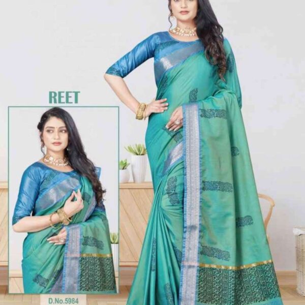 REET ( SOFT COTTON ) HAND BLOCK PRINTED SAREE #5984 - MEDIUM TURQUOISE X DENIM BLUE - [Green]