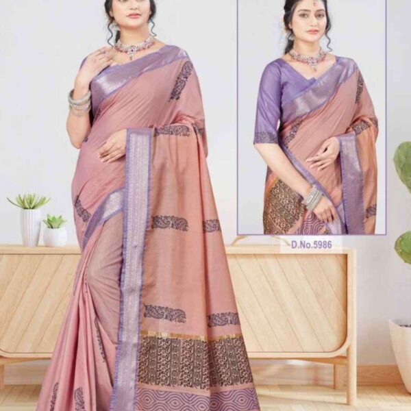 REET ( SOFT COTTON ) HAND BLOCK PRINTED SAREE #5986 - FADDED PINK X SOFT PURPLE - [Pink]