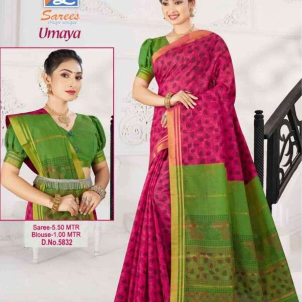 UMAYA ( SILK COTTON ) #5834 - DEEP PINK X FOREST GREEN - [Pink]