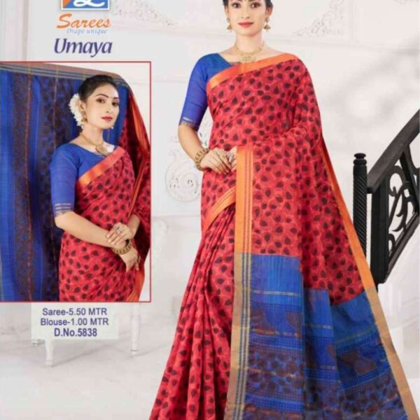 UMAYA ( SILK COTTON ) #5838 - BRICK RED X ROYAL BLUE - [Red]
