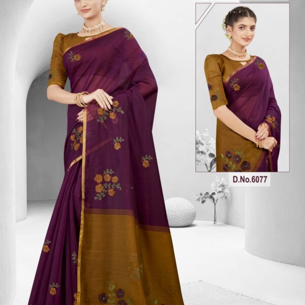 Silk Cotton Embroidery saree Meganta X Musterd