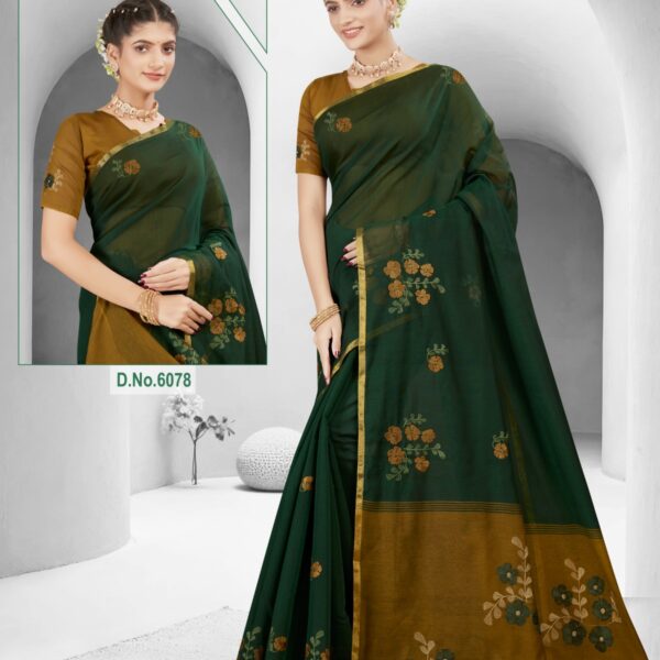 Silk Cotton Embroidery saree Bottle Green X Musterd