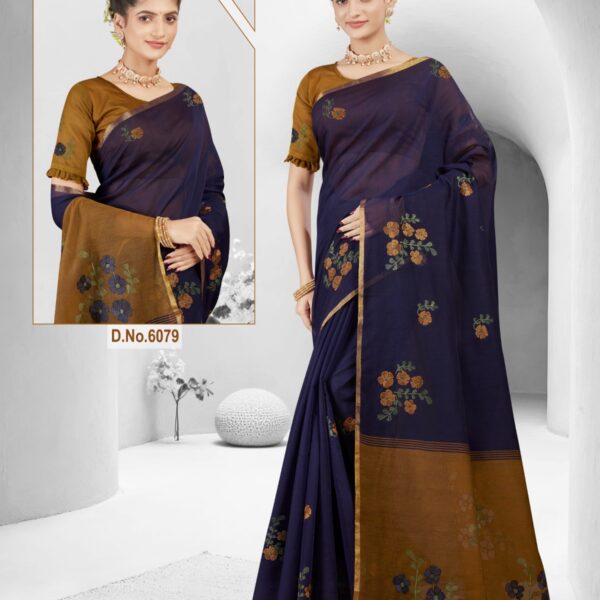 Silk Cotton Embroidery saree navy Blue X Musterd