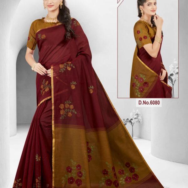 Silk Cotton Embroidery saree Maroon X Musterd