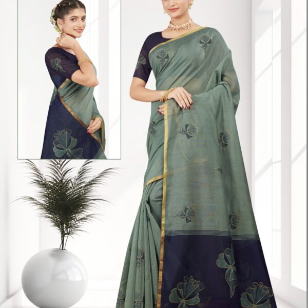 Silk Cotton Embroidery Pista Green X Blue