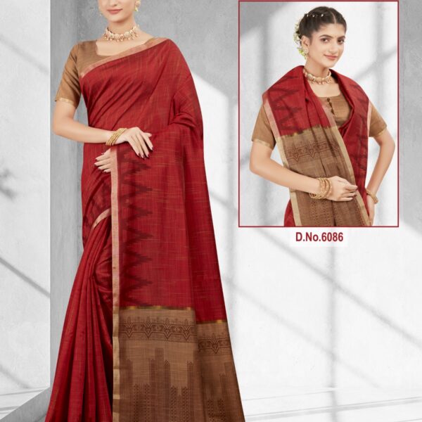 Silk Cotton Printed Saree Red X Chikku