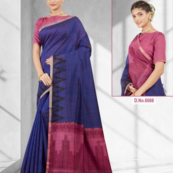 Silk Cotton Printed Saree Blue X Light Pink