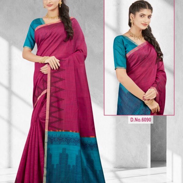 Silk Cotton Printed Saree Rani Pink X T Blue