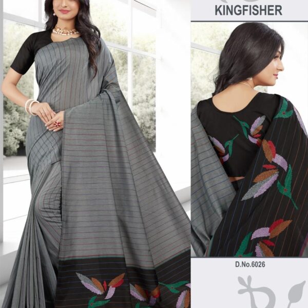 Soft Cotton Saree GreyX Black