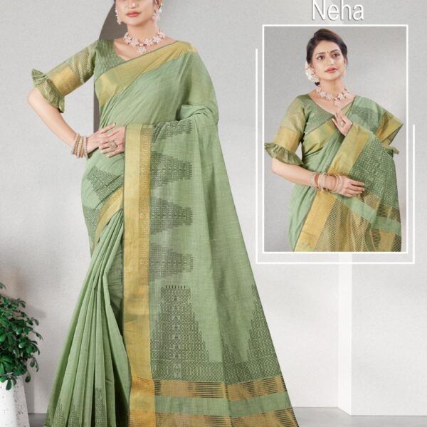 Soft Cotton Saree Green Blue
