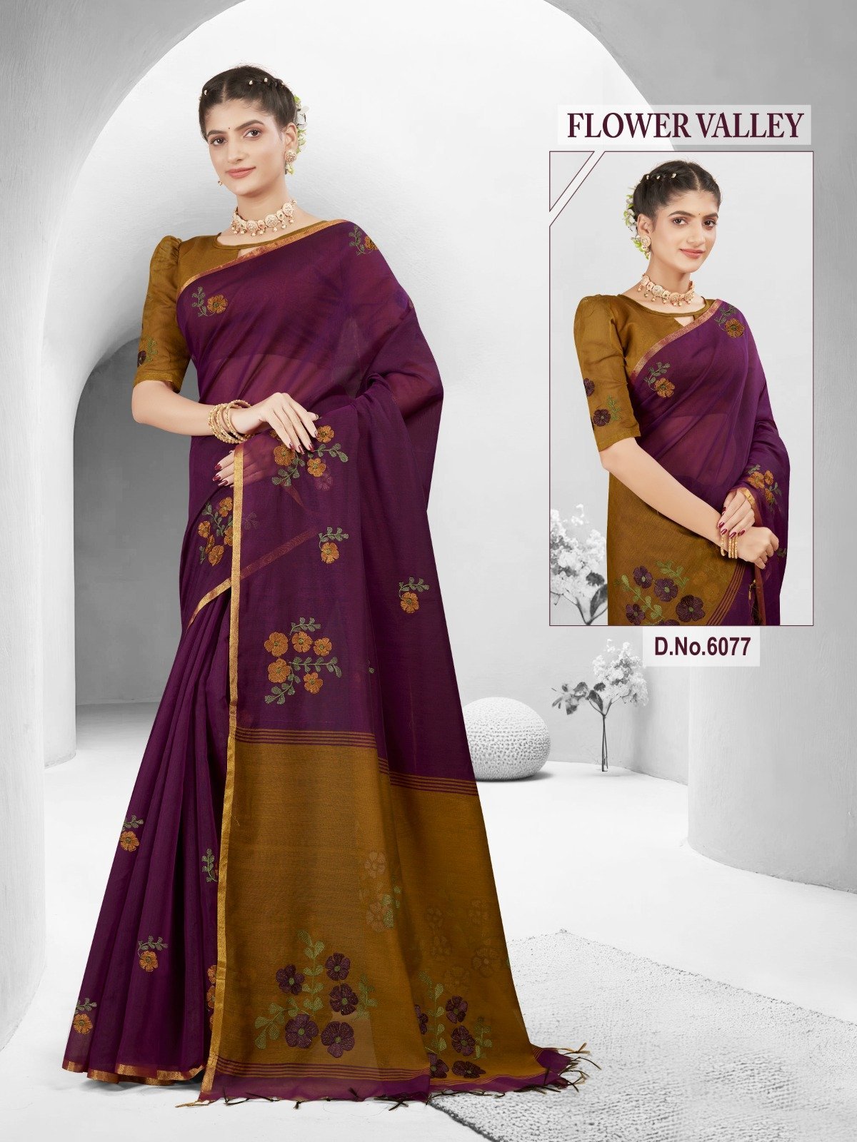 6077-DL-Sarees-Silk-Cotton-Flower-Vally.jpg Silk Cotton Embroidery saree Meganta X Musterd - Image 1