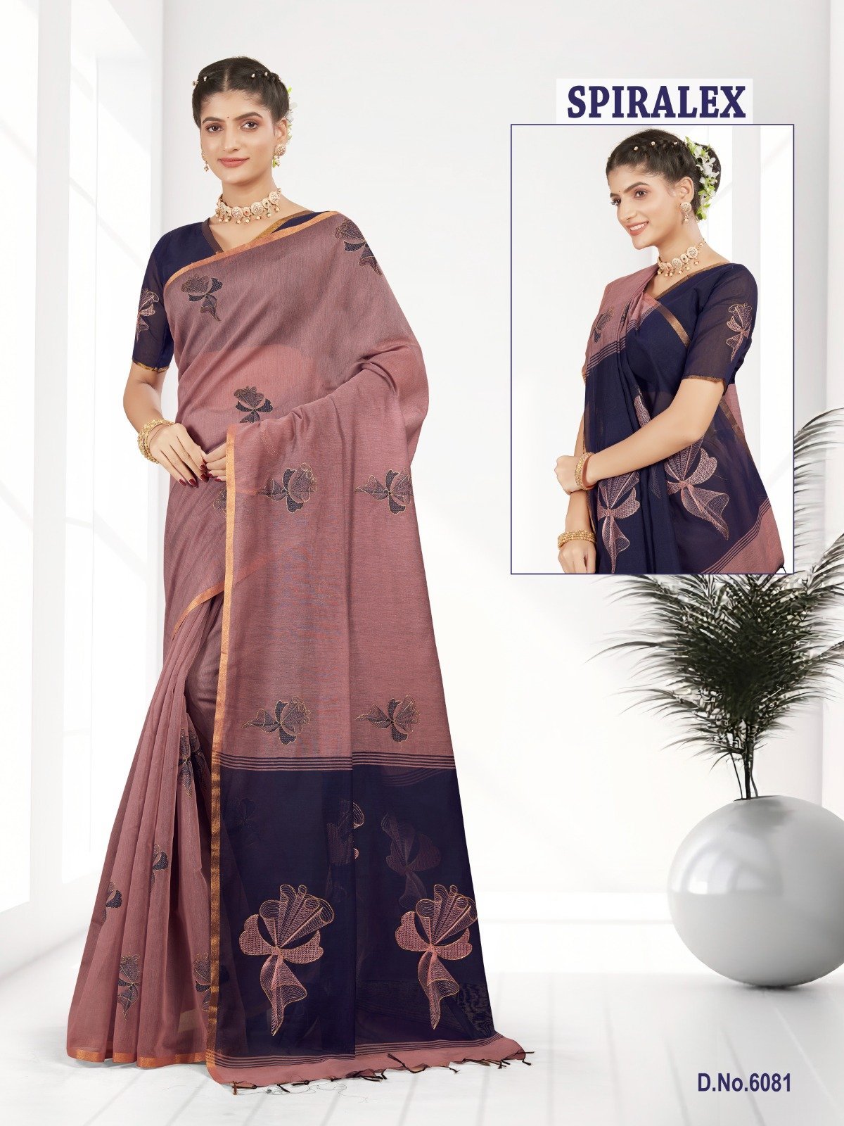 6081-DL-Sarees-Cotton-Slub-Spiralex.jpg Silk Cotton Embroidery Peach X Blue SKU6081 - Image 1