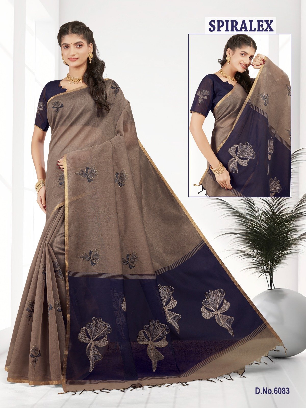 6083-DL-Sarees-Cotton-Slub-Spiralex.jpg Silk Cotton Embroidery Chikku X Blue - Image 1