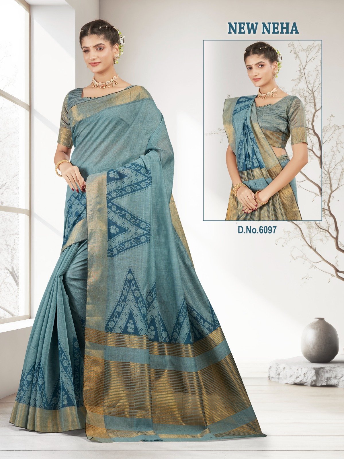 6097-DL-Sarees-Kota-Cotton-New-Neha.jpg Soft Cotton Saree T Blue - Image 1